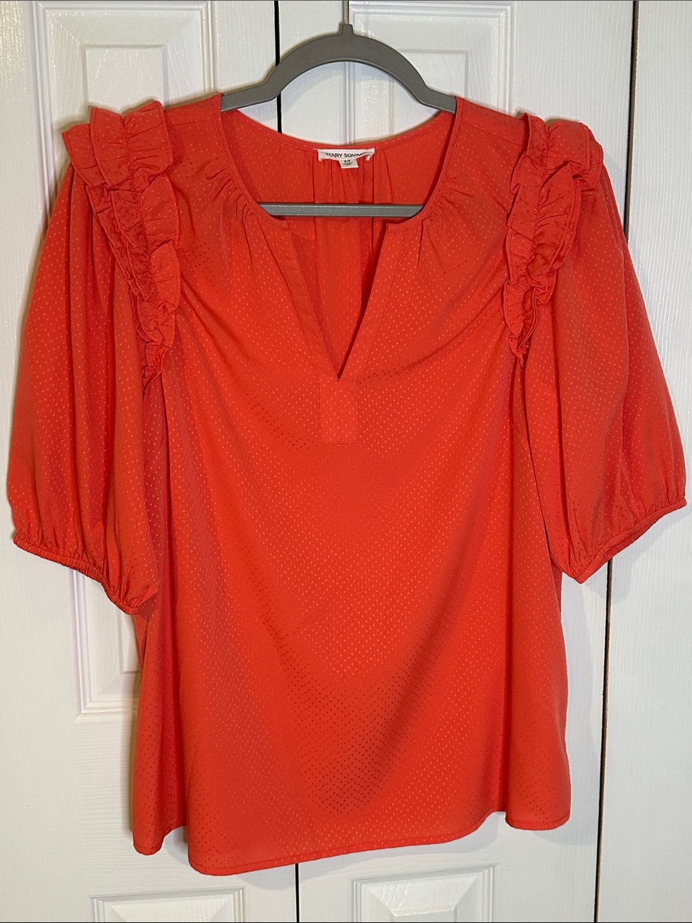 Mary Square Orange Ruffle-Trim V-Neck Blouse | M